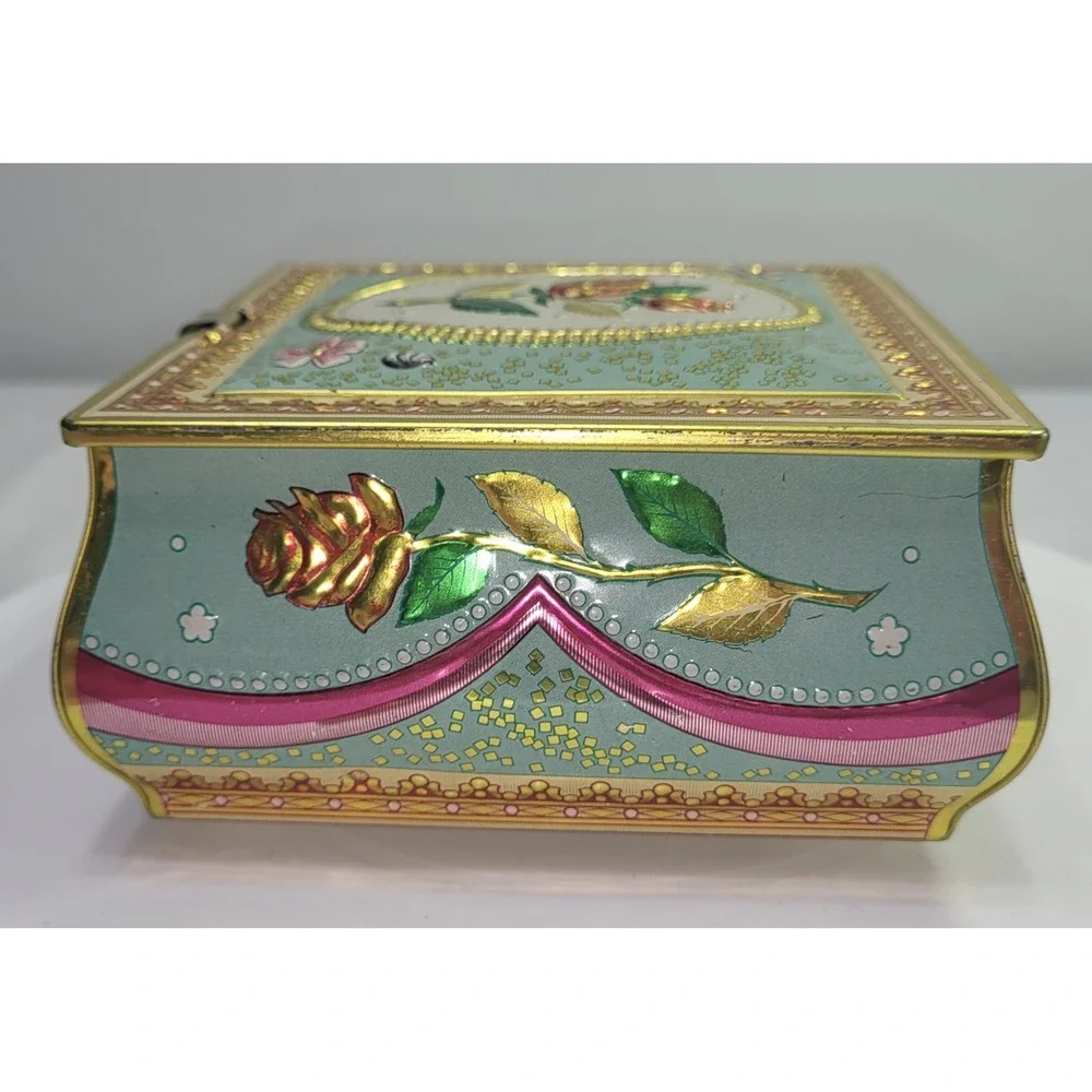 Trinket Box Teal Gold Embossed Rose Metal Tin Vintage Victorian Cottagecore